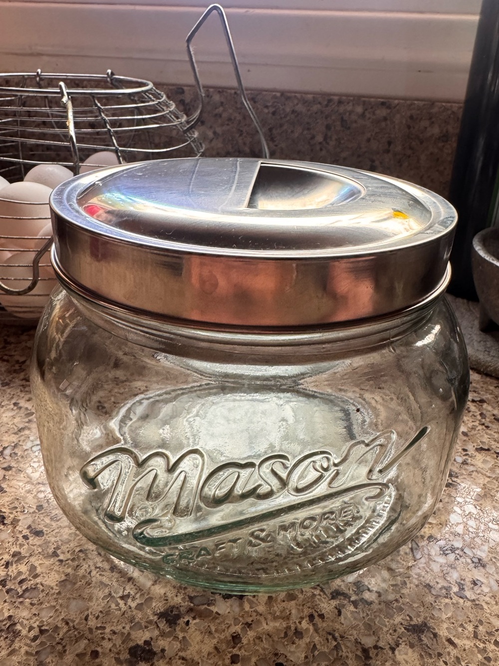 Vintage Mason Glass Storage Jar with Silver Metal Lid - Clear